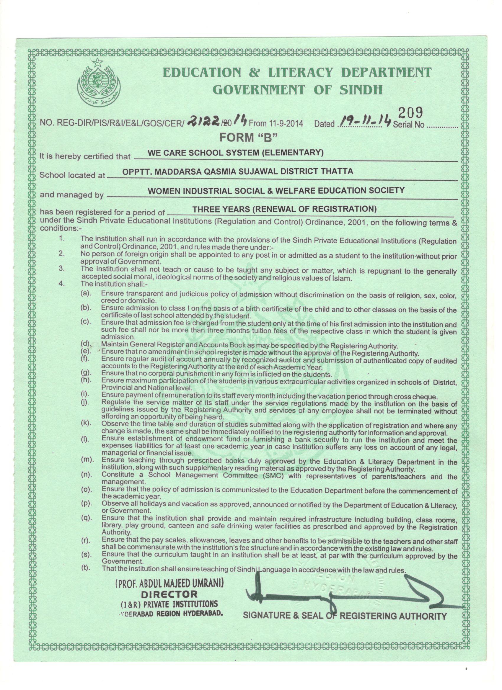 We Care School System Registration Certificate